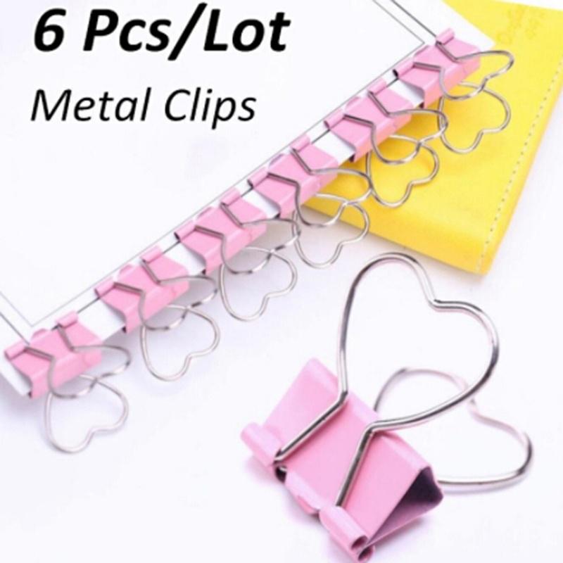 6 Pcs Romantic Pink Color Letter Heart Shape Clip School Office Supplies Metal Clips Notes